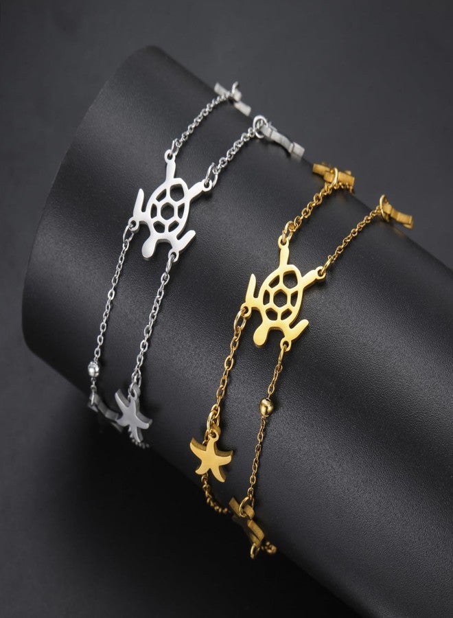 UNIFT Sea Turtle Starfish Bracelet Anklet For Women Stainless Steel Hollow Out Adjustable Layered Summer Beach Nature Ocean Jewelry Gifts (silver) - Image 5